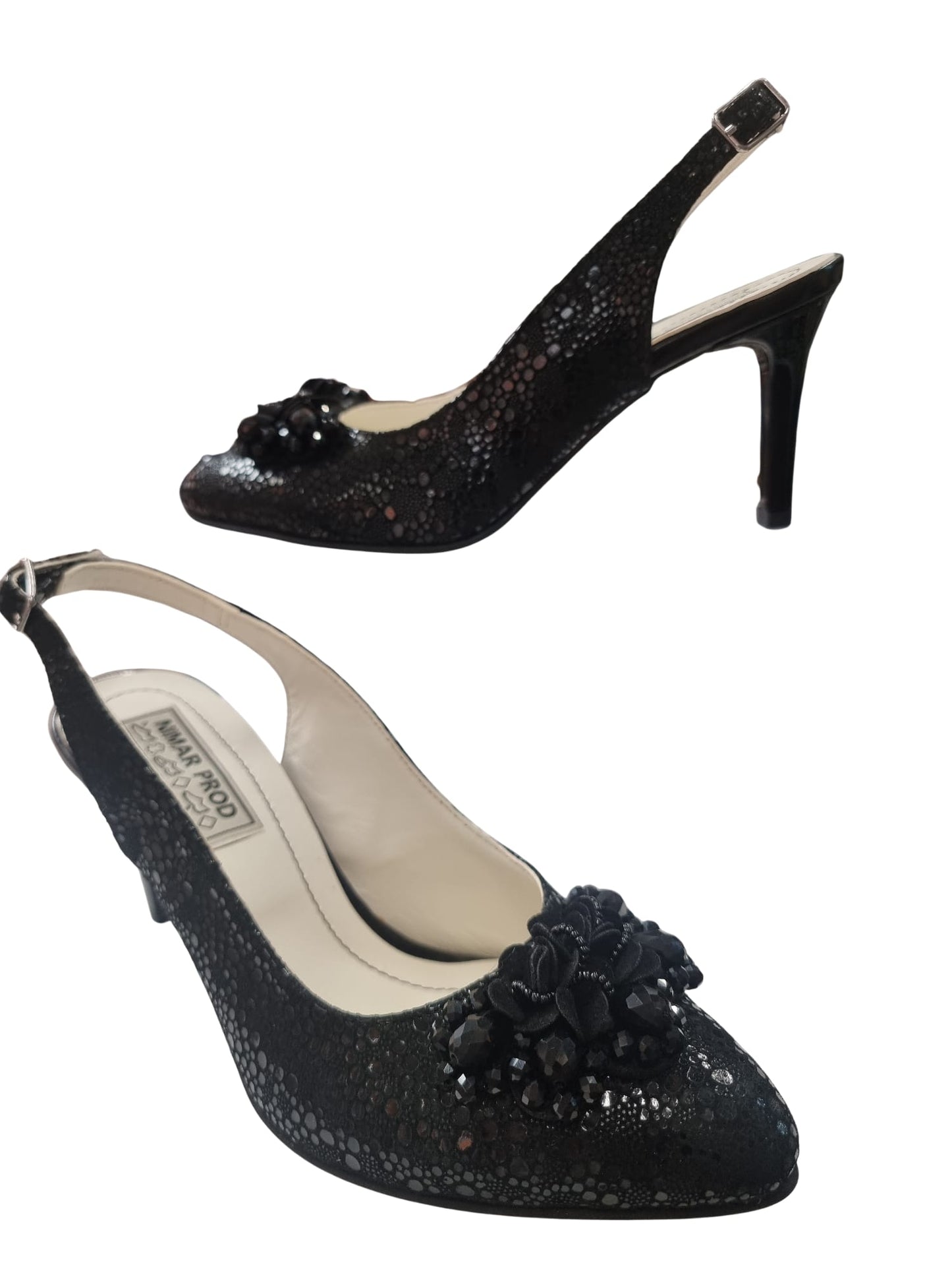 Sandale negre elegante cu toc 7 cm și aplicație florala – Piele naturală – Pantofi Nimar