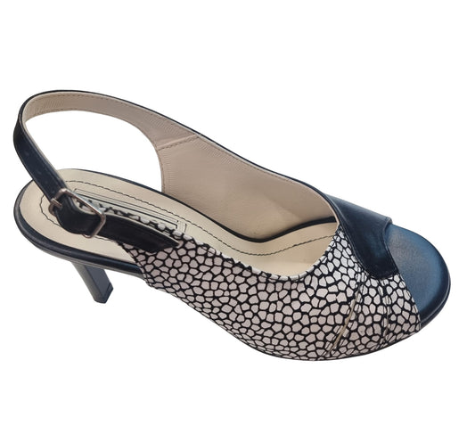 Sandale elegante din piele naturală, alb-negru, toc subțire 7 cm – design geometric