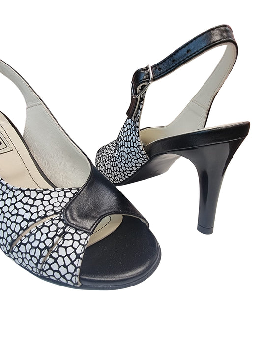 Sandale elegante din piele naturală, alb-negru, toc subțire 7 cm – design geometric