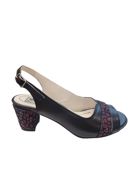 Sandale damă piele naturală negru-mov, toc gros 5 cm, detaliu geometric