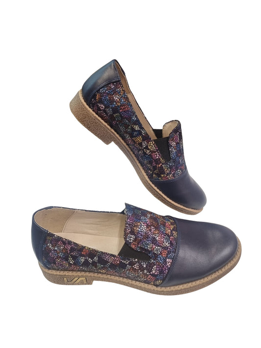 Pantofi Casual Bleumarin din Piele Naturală cu Imprimeu Geometric – Talpă Joasă, Ultra Comozi