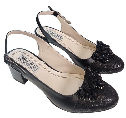 Sandale slingback negre din piele naturală, toc gros 5 cm, flori și paiete