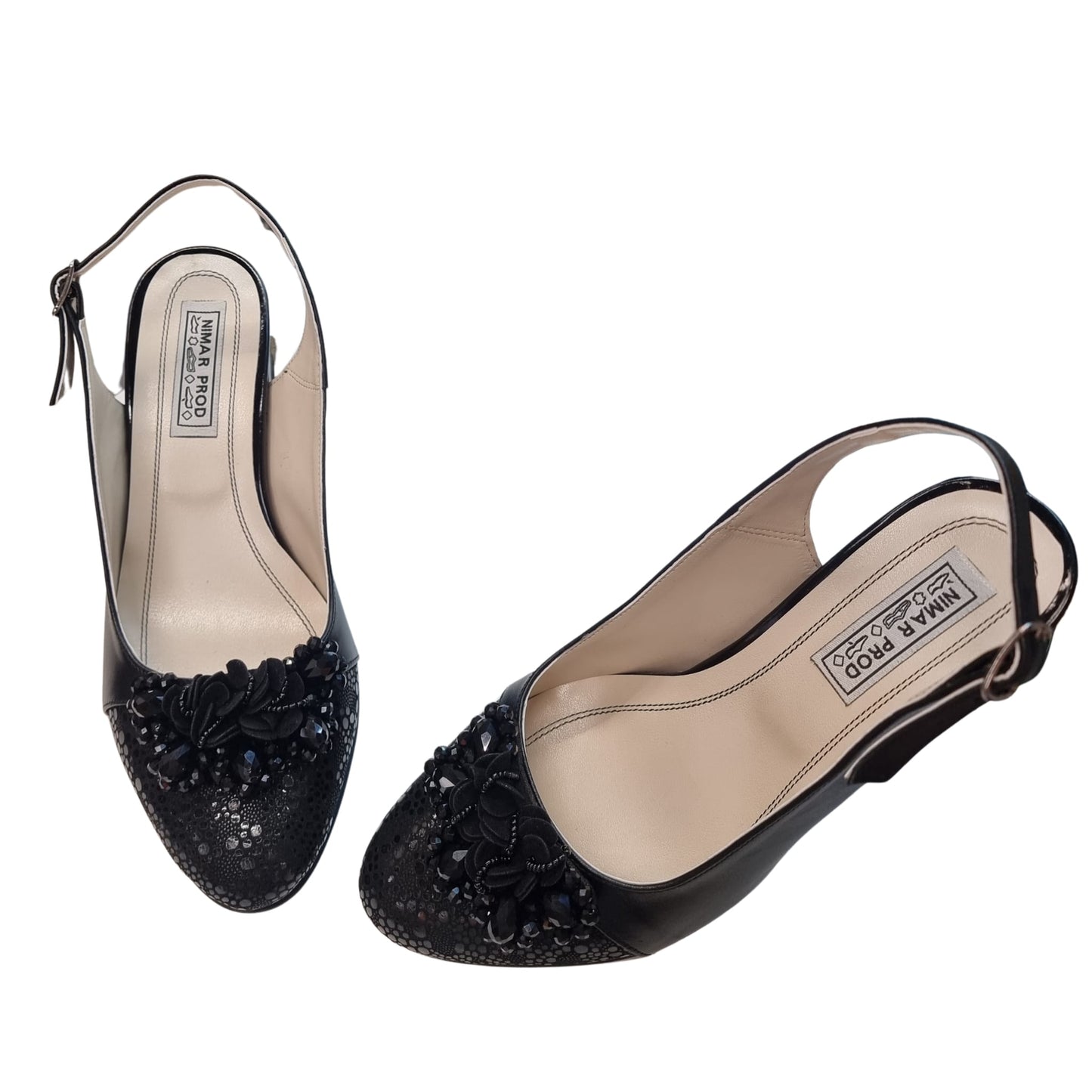 Sandale slingback negre din piele naturală, toc gros 5 cm, flori și paiete