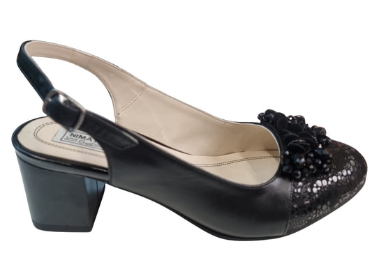 Sandale slingback negre din piele naturală, toc gros 5 cm, flori și paiete