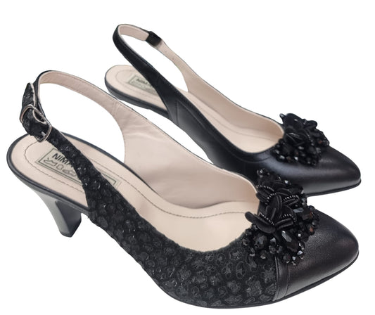 Sandale elegante damă din piele naturală, toc 7 cm, negru, cu broderie și aplicații florale