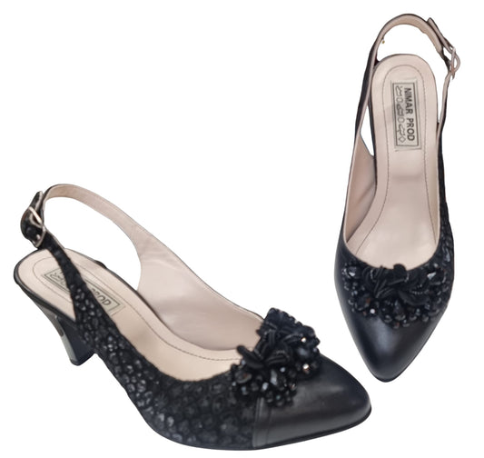 Sandale elegante damă din piele naturală, toc 7 cm, negru, cu broderie și aplicații florale