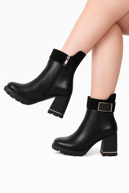 Botine Dama din Piele Naturală Negre – Toc 8 cm & Platou 1 cm, Accesorii Aurii – Model Elegant