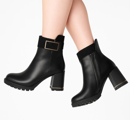 Botine Dama din Piele Naturală Negre – Toc 8 cm & Platou 1 cm, Accesorii Aurii – Model Elegant