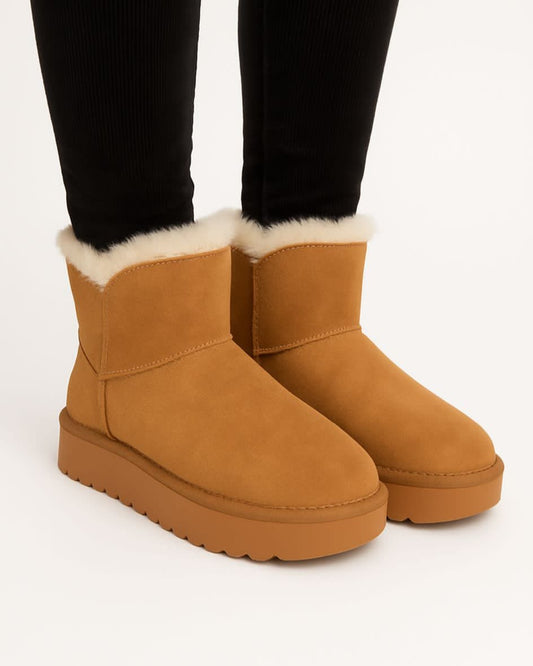 Ghete călduroase cu fundiță la spate camel – blană sintetică, talpă groasă 3/4 cm (35–40)