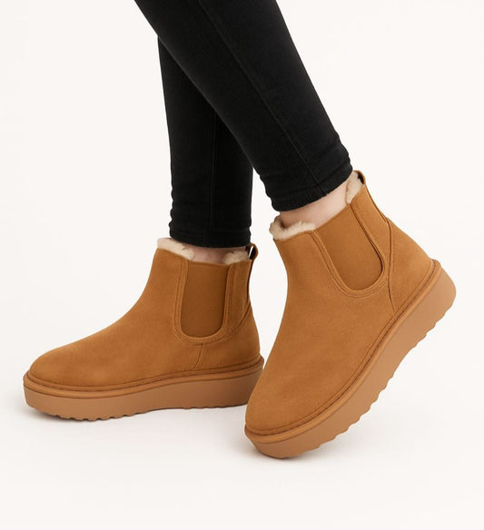 Ghete îmblănite damă camel cu elastic lateral și talpă groasă – 3/4 cm