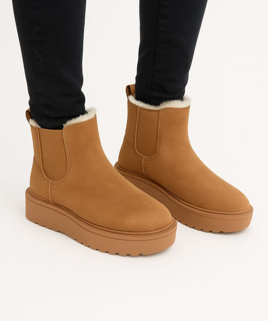 Ghete îmblănite damă camel cu elastic lateral și talpă groasă – 3/4 cm