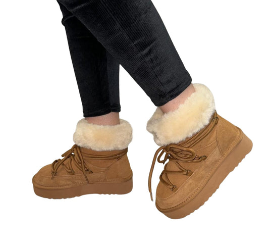 Ghete îmblănite damă maro din piele întoarsă cu șiret și talpă groasă – 3/4 cm