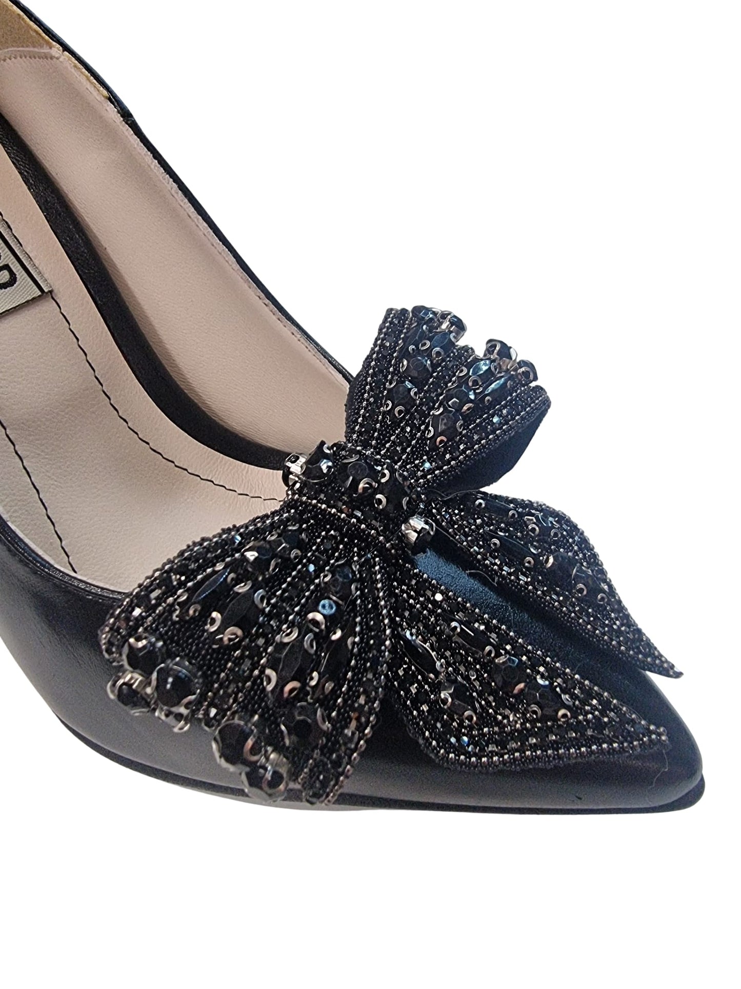 Pantofi eleganți din piele neagră cu fundiță strălucitoare și toc de 9 cm