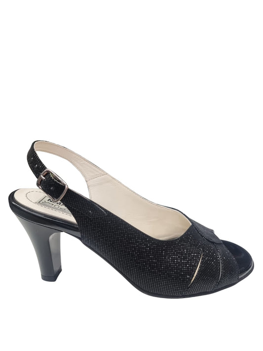 Sandale elegante negre din piele naturală, toc gros 7 cm – model cu sclipici discret