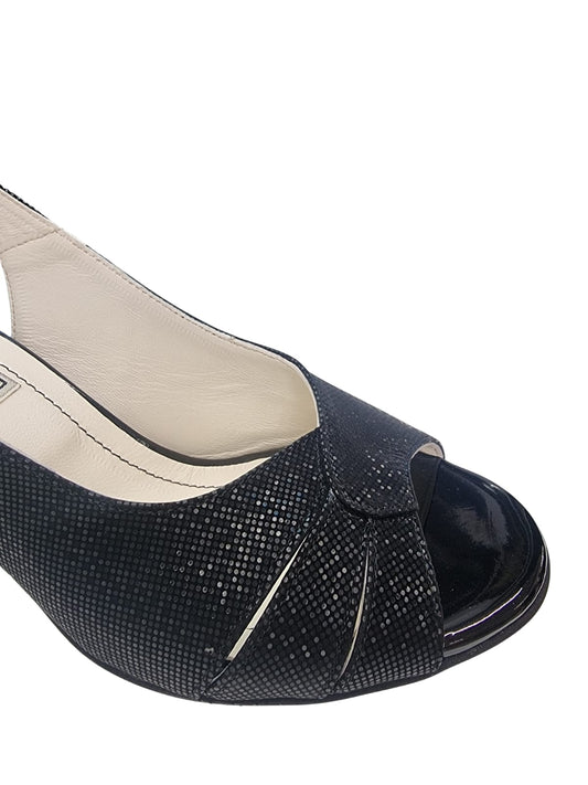 Sandale elegante negre din piele naturală, toc gros 7 cm – model cu sclipici discret