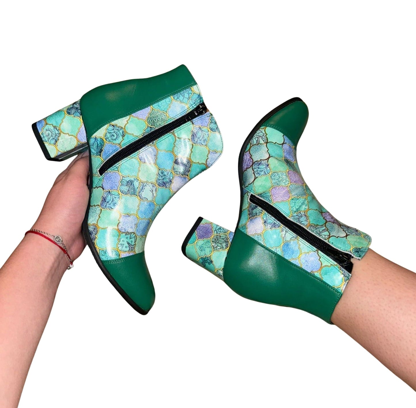 Botine damă verzi din piele naturală cu imprimeu geometric și toc gros 5 cm