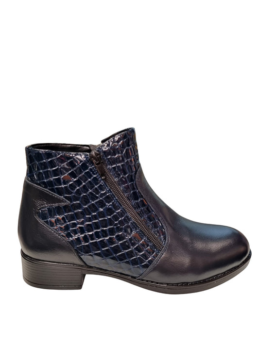 Botine damă bleumarin din piele naturală cu fermoar lateral și toc mic 2 cm