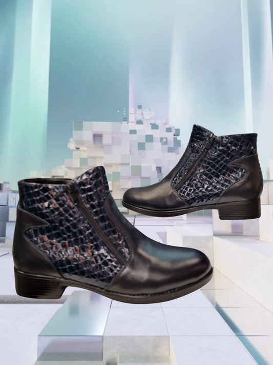 Botine damă bleumarin din piele naturală cu fermoar lateral și toc mic 2 cm