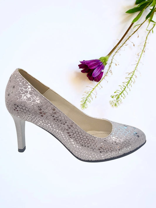 Pantofi eleganți din piele argintii, efect perlat & model reptilă – toc 7 cm (34–41)