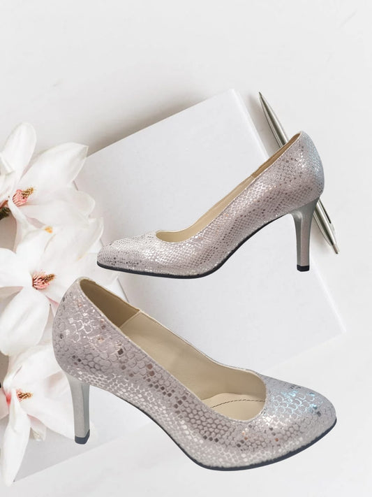 Pantofi eleganți din piele argintii, efect perlat & model reptilă – toc 7 cm (34–41)
