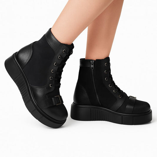 Ghete damă negre din piele naturală cu talpă groasă 3 cm și cataramă decorativă – mărimi 35-40 | Pantofi Nimar