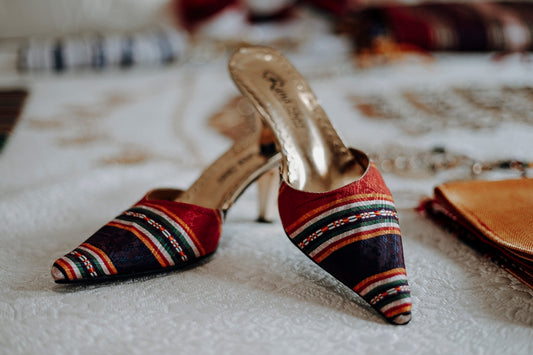 red and black striped peep toe heeled sandals