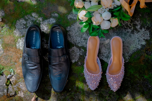 a group of shoes on a rock