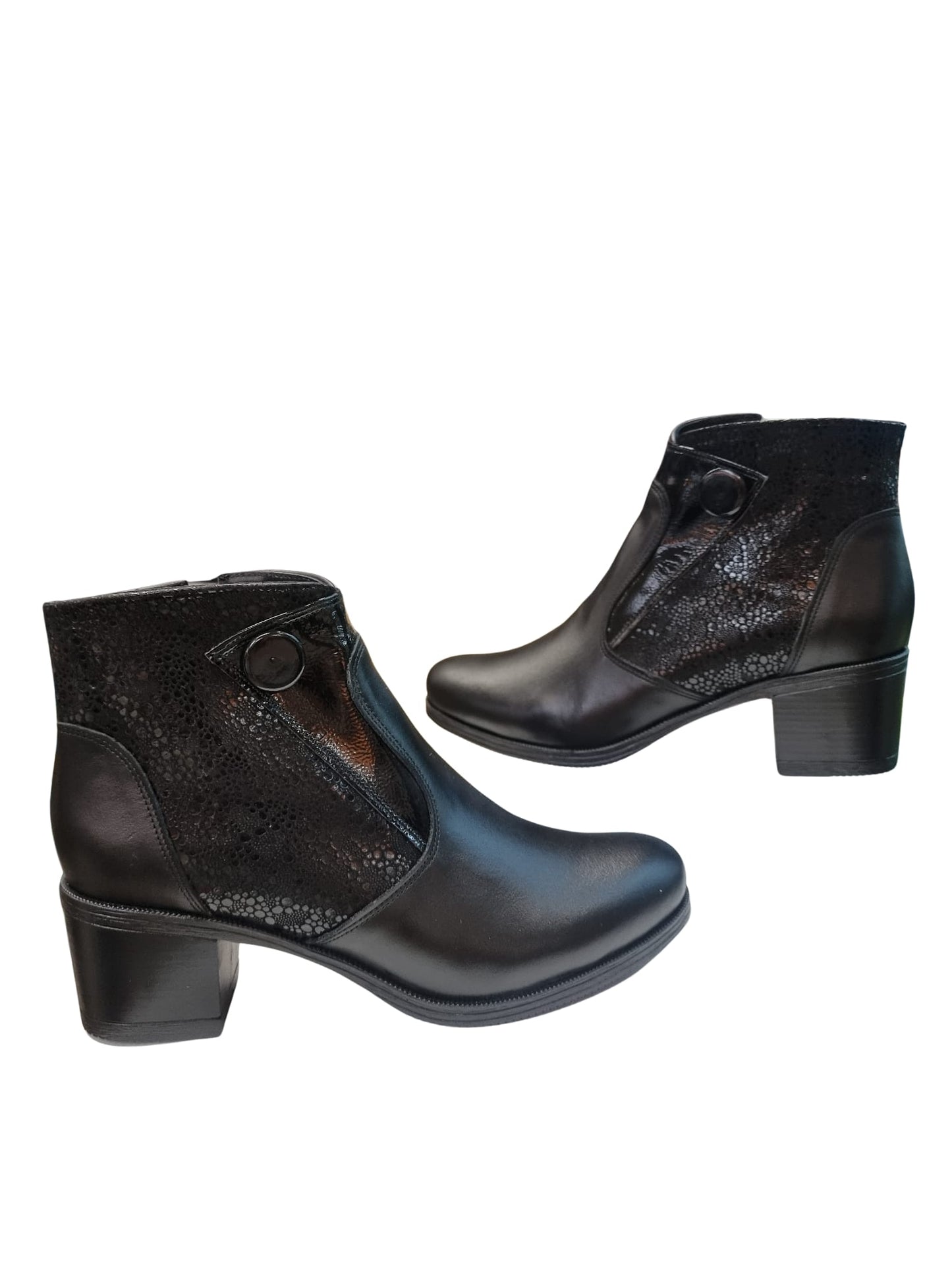Botine damă elegante negre din piele naturală cu toc gros 4 cm și detalii moderne – mărimi 36-40