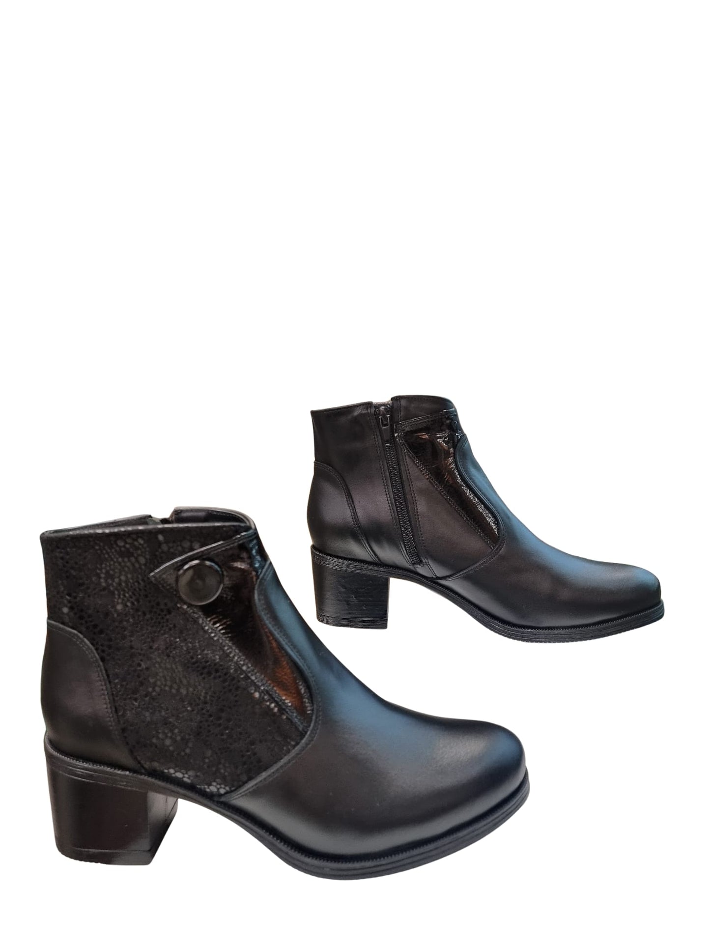 Botine damă elegante negre din piele naturală cu toc gros 4 cm și detalii moderne – mărimi 36-40
