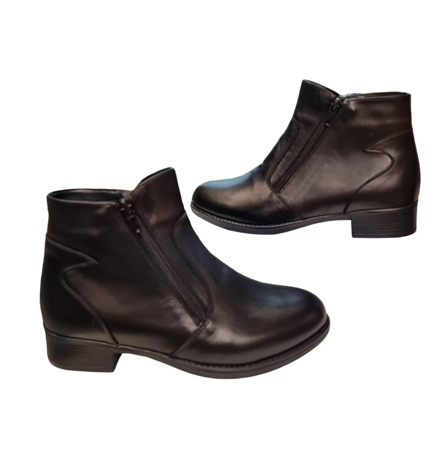 Botine damă negre din piele naturală cu fermoar lateral și toc mic 2 cm