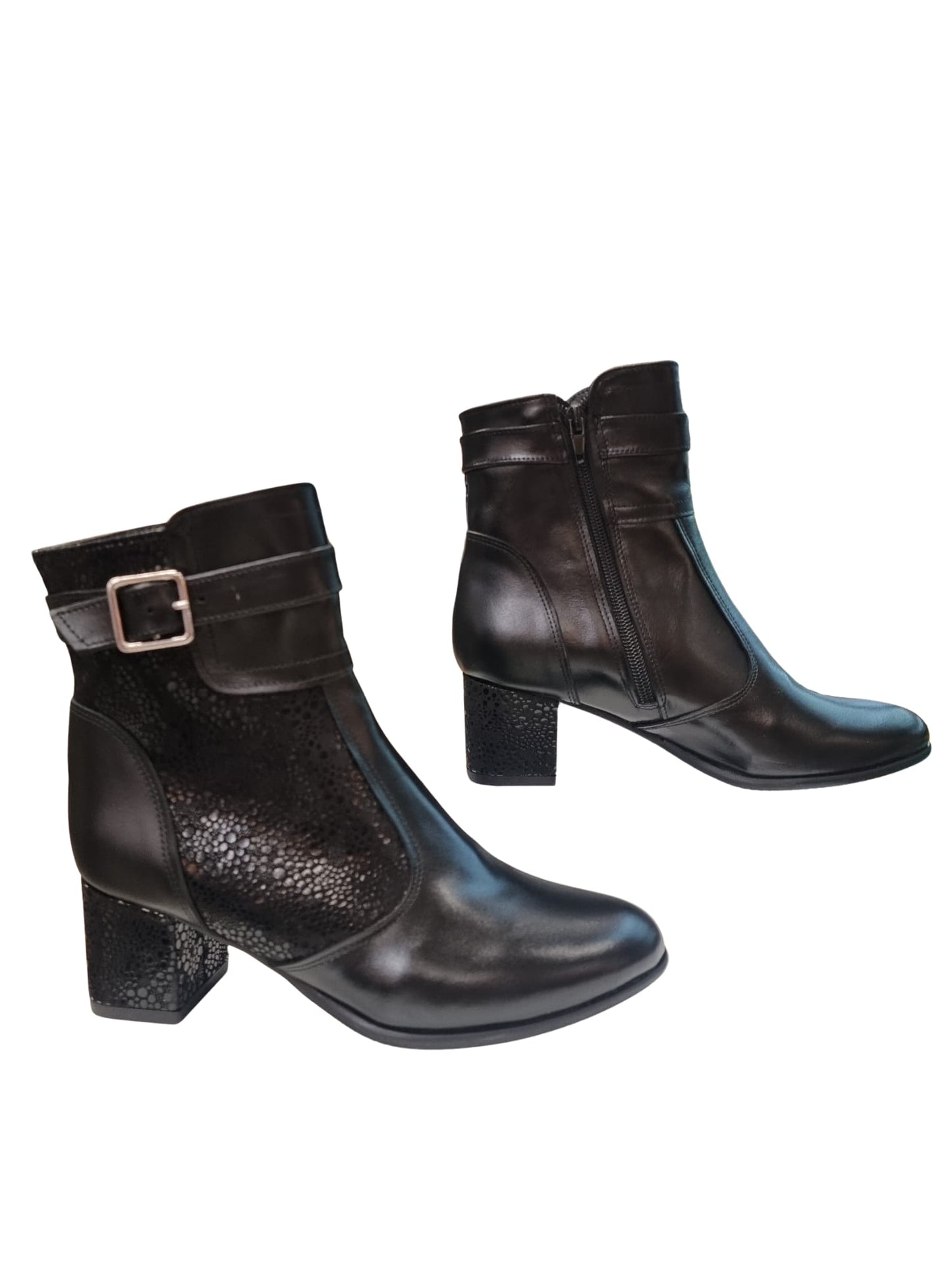 Ghete damă elegante negre din piele naturală cu toc gros 5 cm