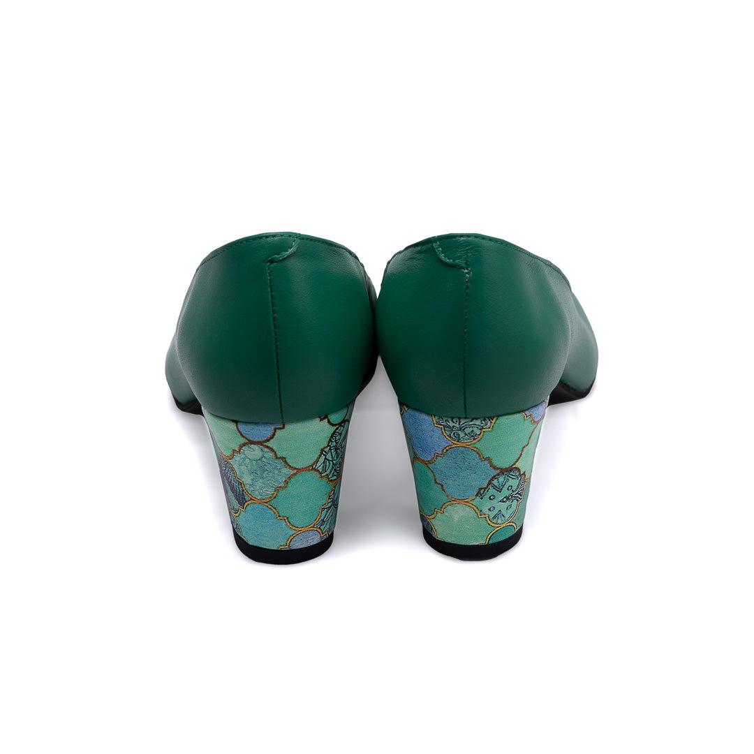 Pantofi verzi din piele naturală cu toc gros de 5 cm – detaliu floral elegant