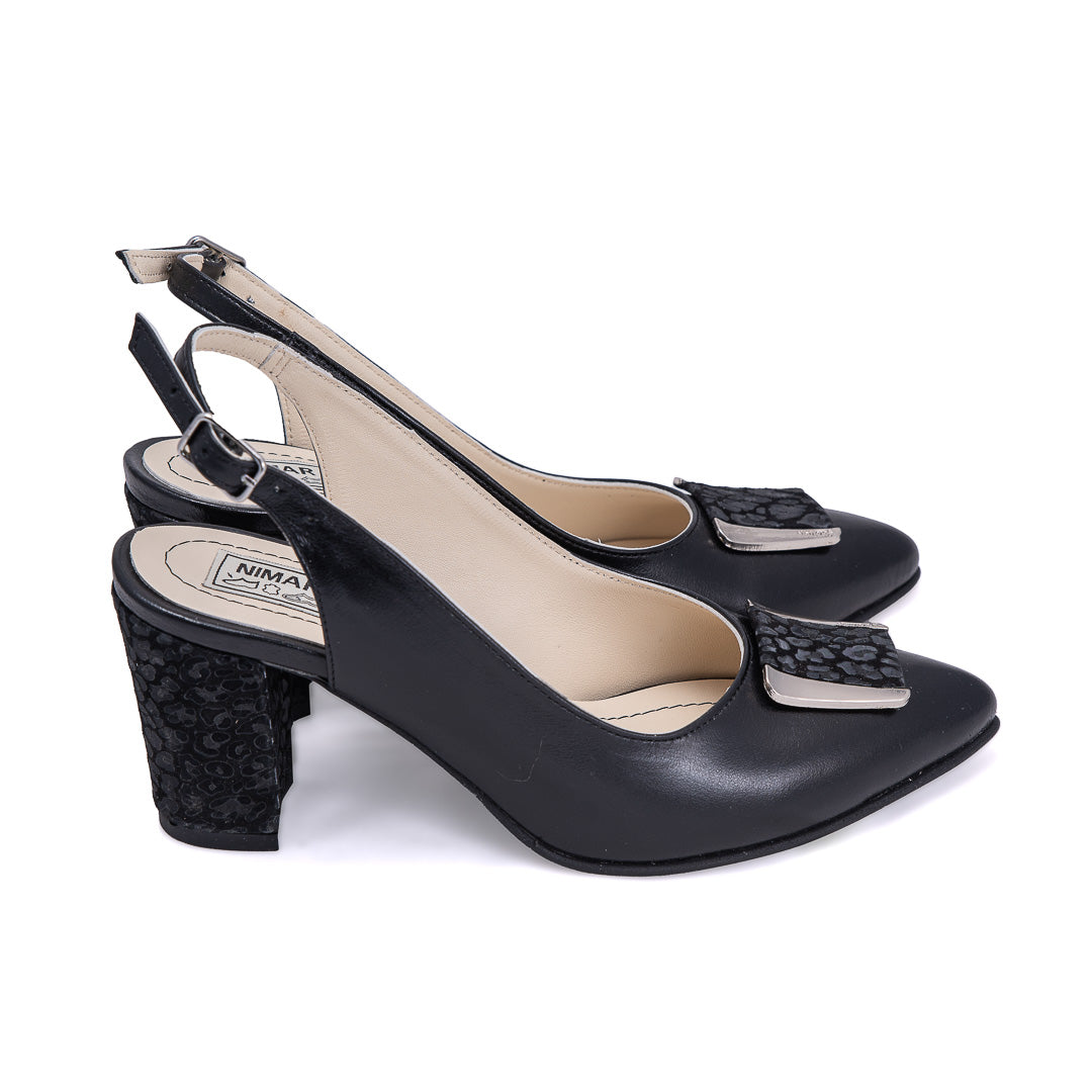 Sandale negre din piele naturală cu toc gros 7 cm și detalii metalice – Nimar Prod
