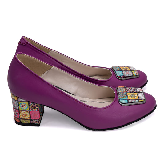 Pantofi damă din piele naturală mov lila – toc mediu 5 cm