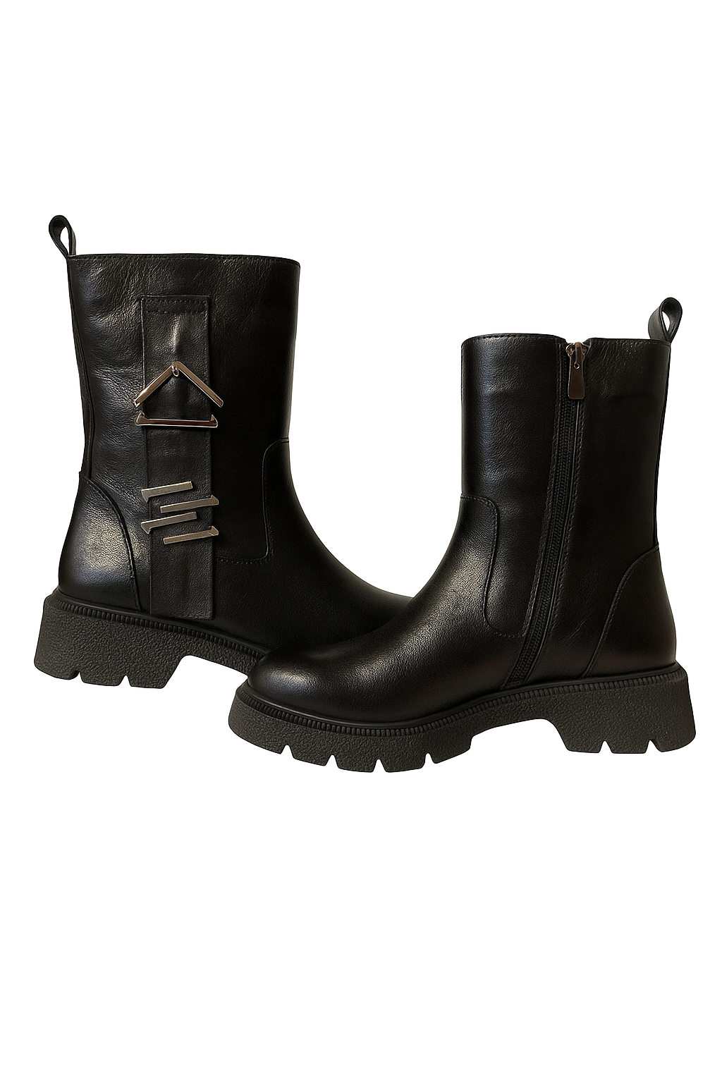 Ghete damă negre din piele naturală cu accesorii metalice laterale și talpă groasă – 3 cm