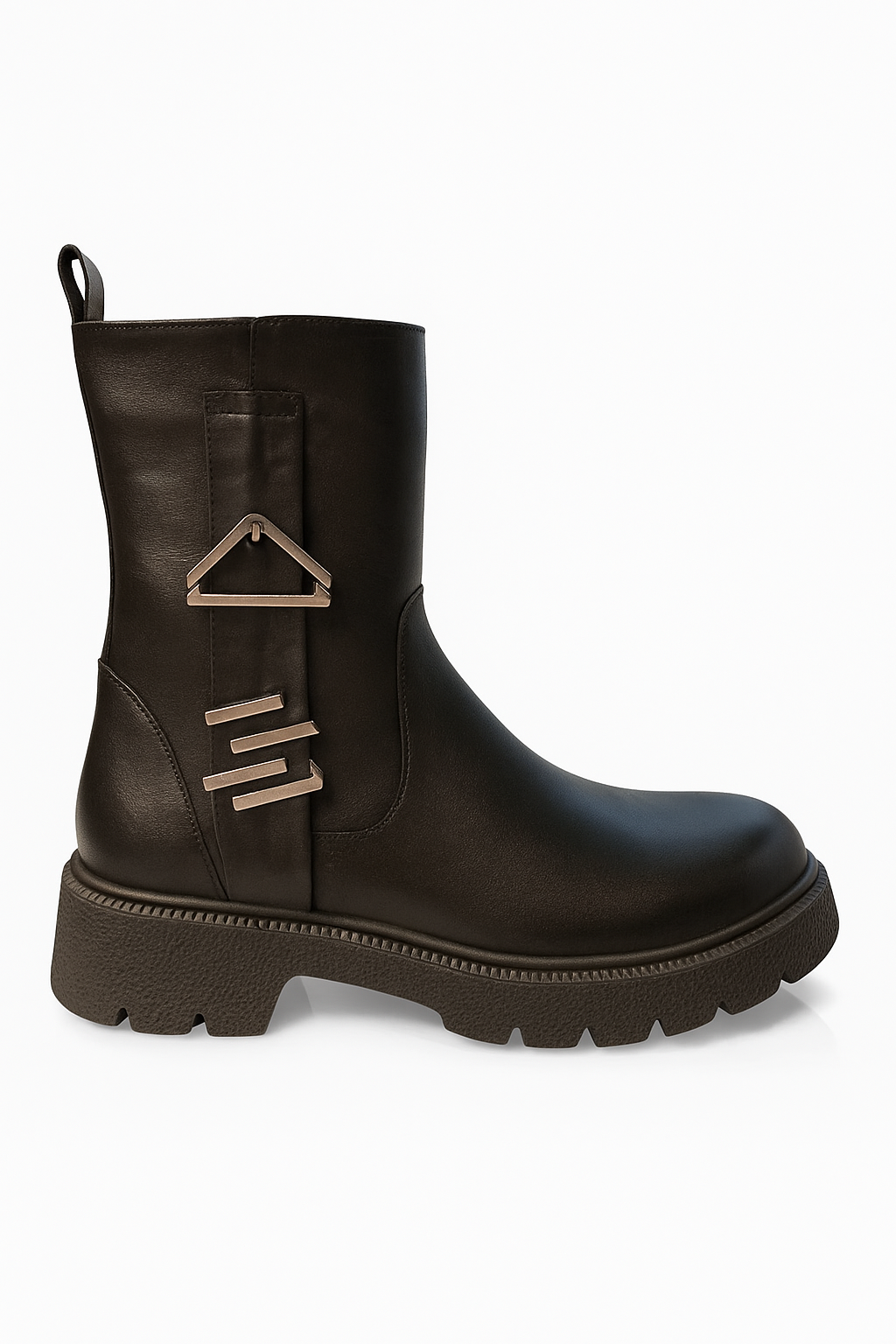 Ghete damă negre din piele naturală cu accesorii metalice laterale și talpă groasă – 3 cm