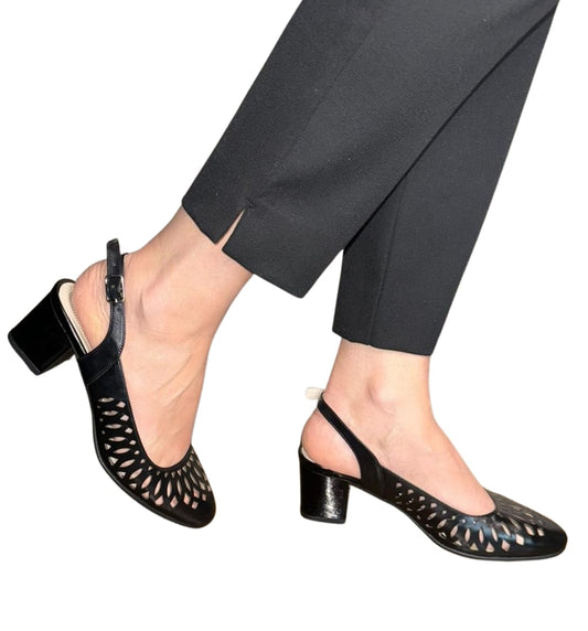 Sandale damă negre din piele naturală – perforate, toc gros 5 cm, eleganță clasică
