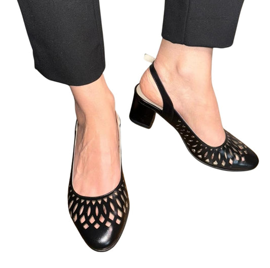 Sandale damă negre din piele naturală – perforate, toc gros 5 cm, eleganță clasică