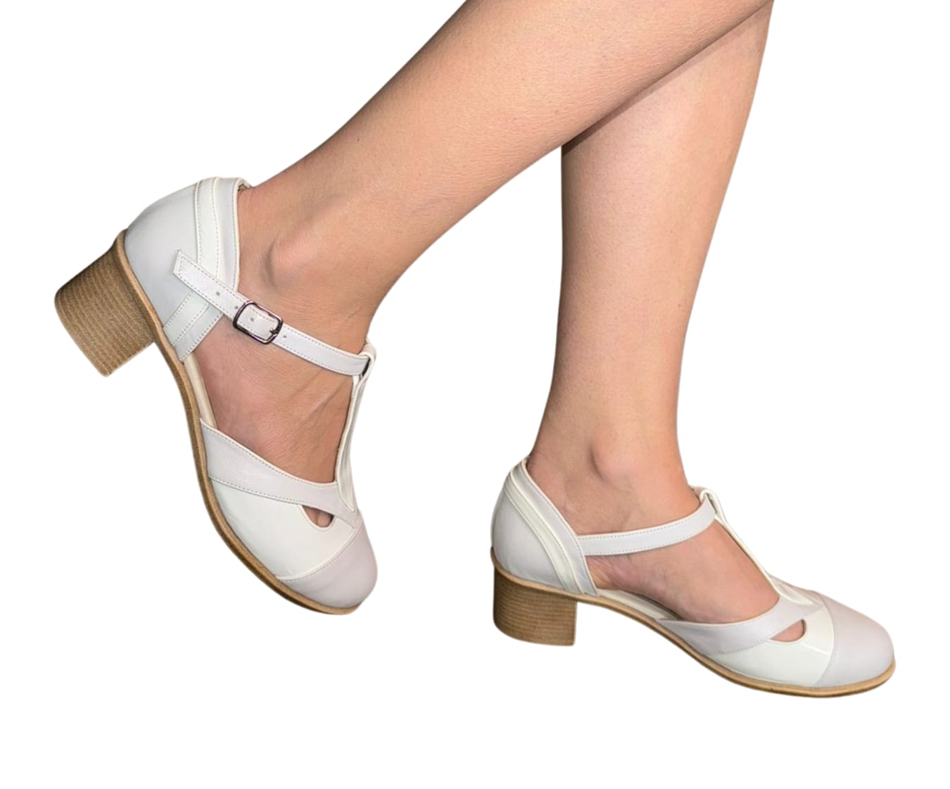 Sandale crem din piele naturală – stil retro cu închidere T-bar, toc gros 4 cm