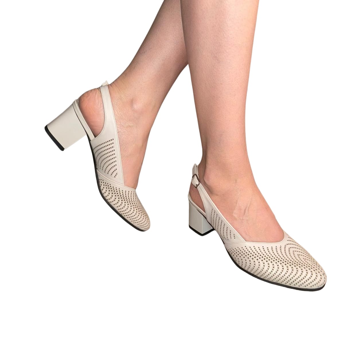 Sandale crem damă din piele naturală – perforate, toc gros 5 cm, stil elegant și aerisit