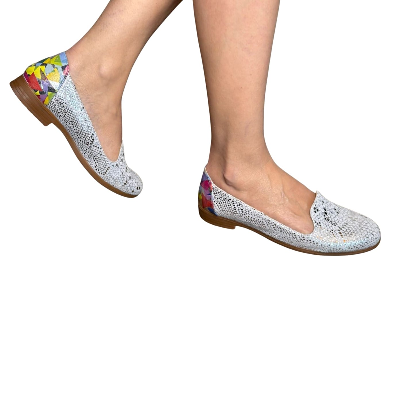 Balerini damă din piele naturală cu imprimeu șarpe și detaliu multicolor – stil urban, confort de zi cu zi