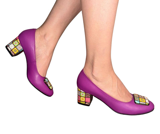 Pantofi damă din piele naturală mov lila – toc mediu 5 cm