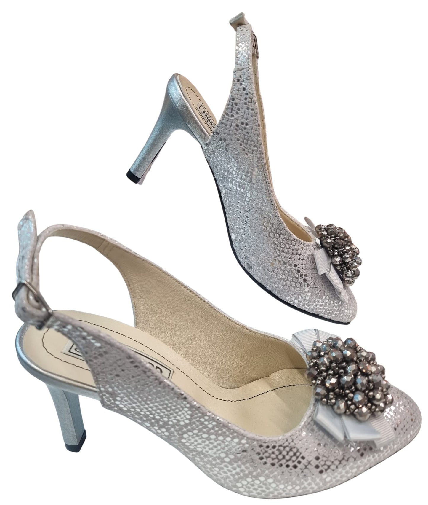 Sandale argintii din piele naturală cu toc și fundiță cu pietre – eleganță pentru evenimente speciale