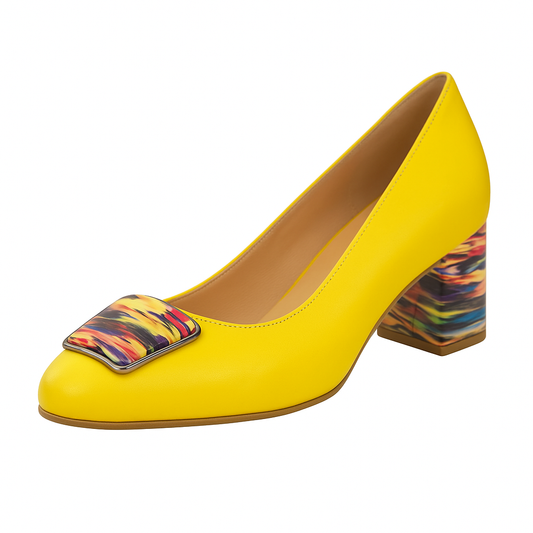 Pantofi Galbeni din Piele Naturală cu Toc Gros Colorat – Casual Eleganți & Confortabili