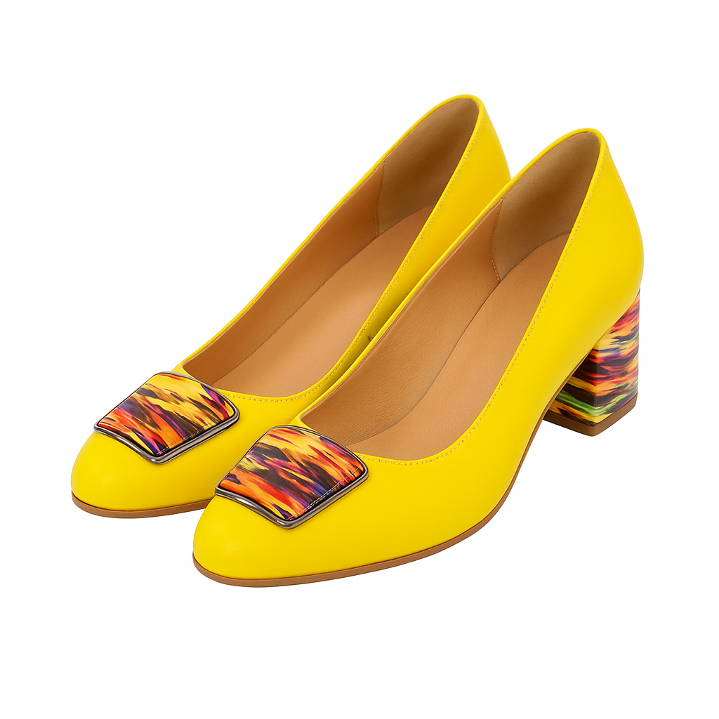 Pantofi Galbeni din Piele Naturală cu Toc Gros Colorat – Casual Eleganți & Confortabili