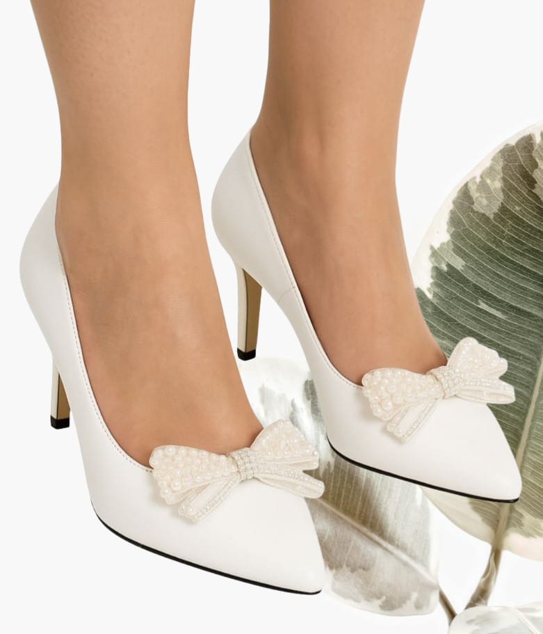 Pantofi eleganți din piele naturală cu fundiță accesorizată și toc subțire 7 cm