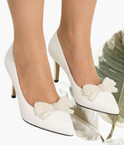 Pantofi eleganți din piele naturală cu fundiță accesorizată și toc subțire 7 cm