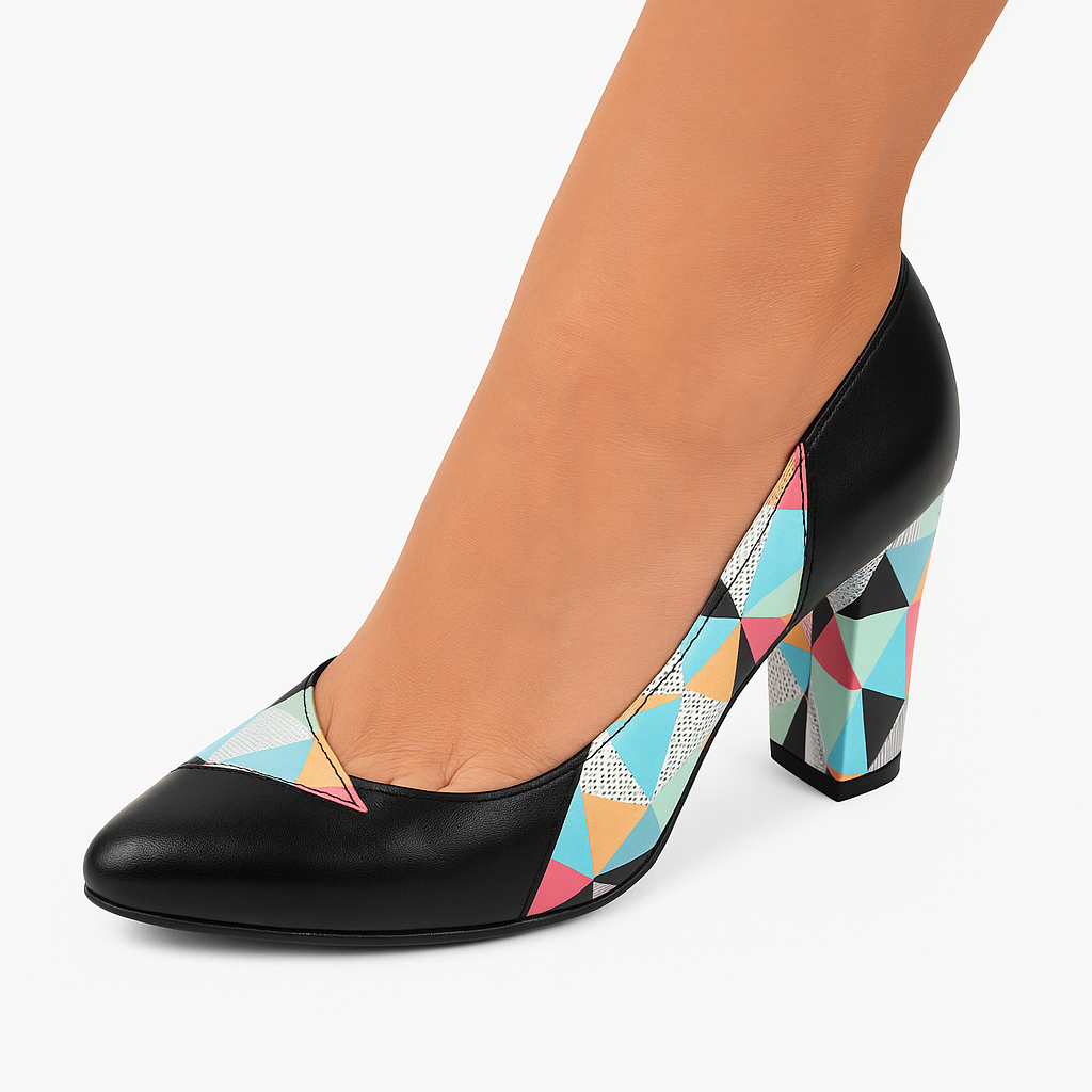 Pantofi damă eleganți negri din piele cu imprimeu geometric și toc gros colorat – Nimar