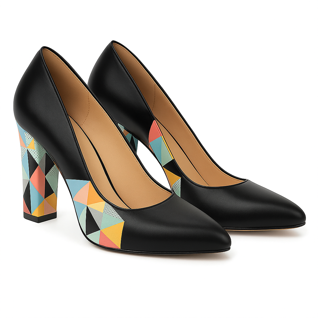 Pantofi damă eleganți negri din piele cu imprimeu geometric și toc gros colorat – Nimar