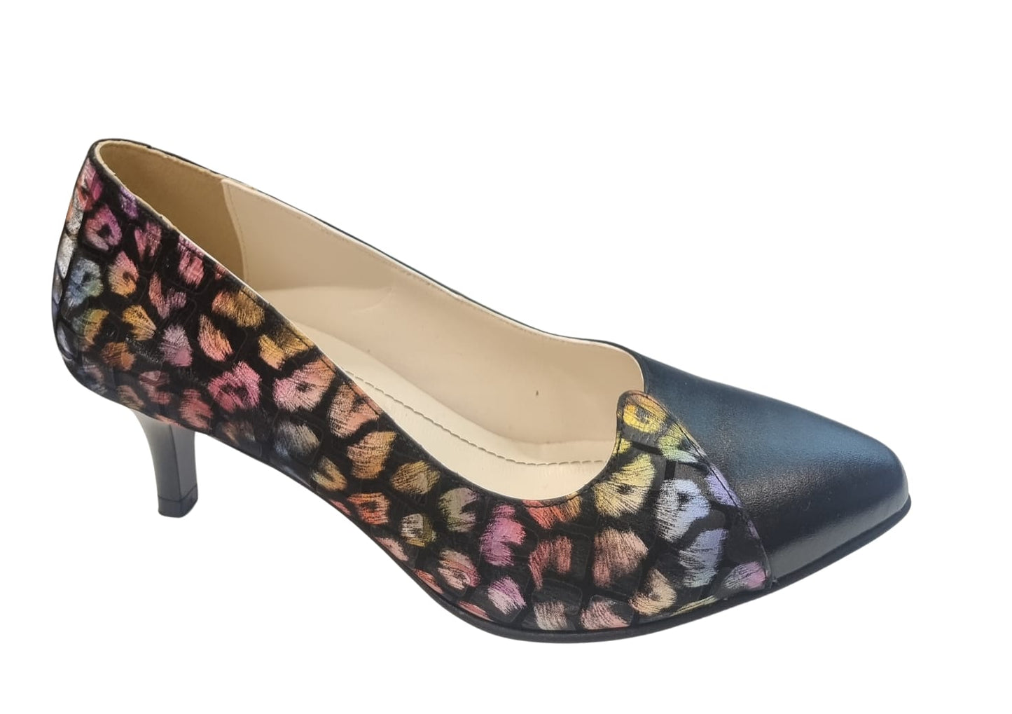 Pantofi damă multicolori cu imprimeu animal print și toc 5 cm – piele naturală
